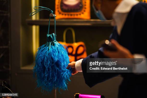 General view of a blue fluffy Pellegrino "Ava" bag, during the Pellegrino x Herve Leroux : Launch Party, on December 03, 2020 in Paris, France.
