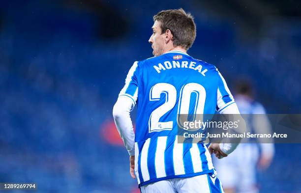Nacho Monreal of Real Sociedad celebrates after scoring his team's second goal during the UEFA Europa League Group F stage match between Real...