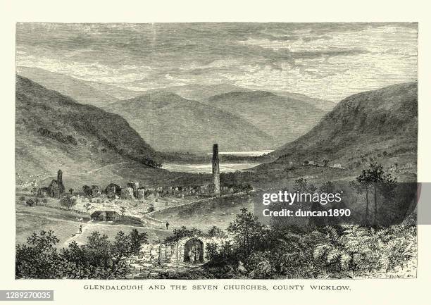 glendalough and the seven churches, county wicklow, ireland - ireland landscape stock illustrations