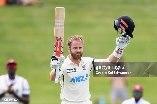 Kane Williamson of New Zealand celebrates his century during day two of the First Test match in the series between New Zealand and the West Indies at...