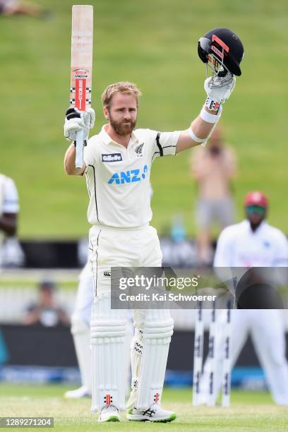 Kane Williamson of New Zealand celebrates his century during day two of the First Test match in the series between New Zealand and the West Indies at...