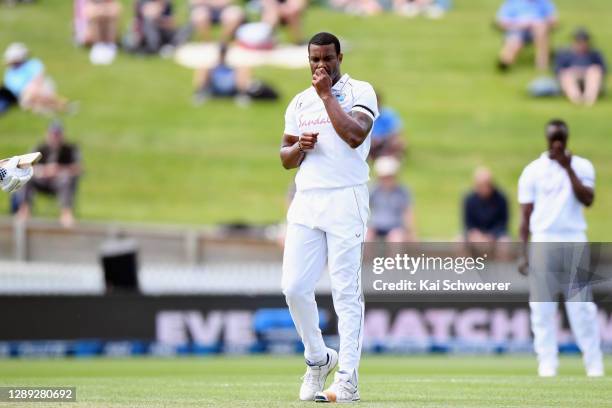 Shannon Gabriel of the West Indies reacts during day two of the First Test match in the series between New Zealand and the West Indies at Seddon Park...