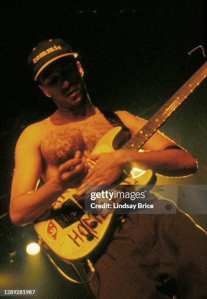 Guitarist Tom Morello performs in Rage Against the Machine at the Hollywood Palladium on October 1, 1996 in Los Angeles.