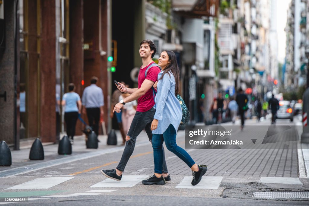 Young Male and Female Vacationers in Downtown Buenos Aires