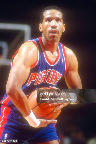 Adrian Dantley of the Detroit Pistons takes a foul shot during a NBA basketball game against the Washington Bullets at Capital Centre on January 09,...