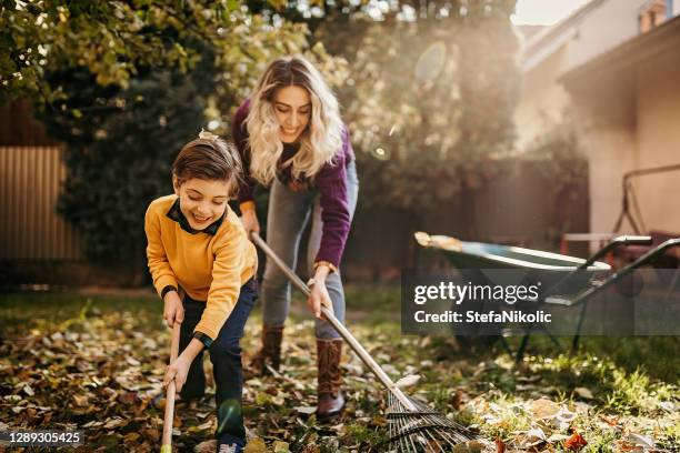 toujours heureux avec ma mère - jardin de la maison photos et images de collection