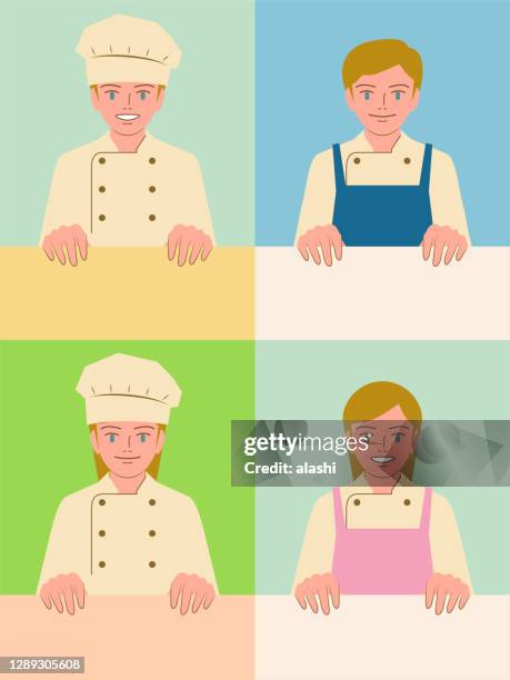 smiling beautiful children chef (boys and girls) holding a blank sign - bread baking paper stock illustrations