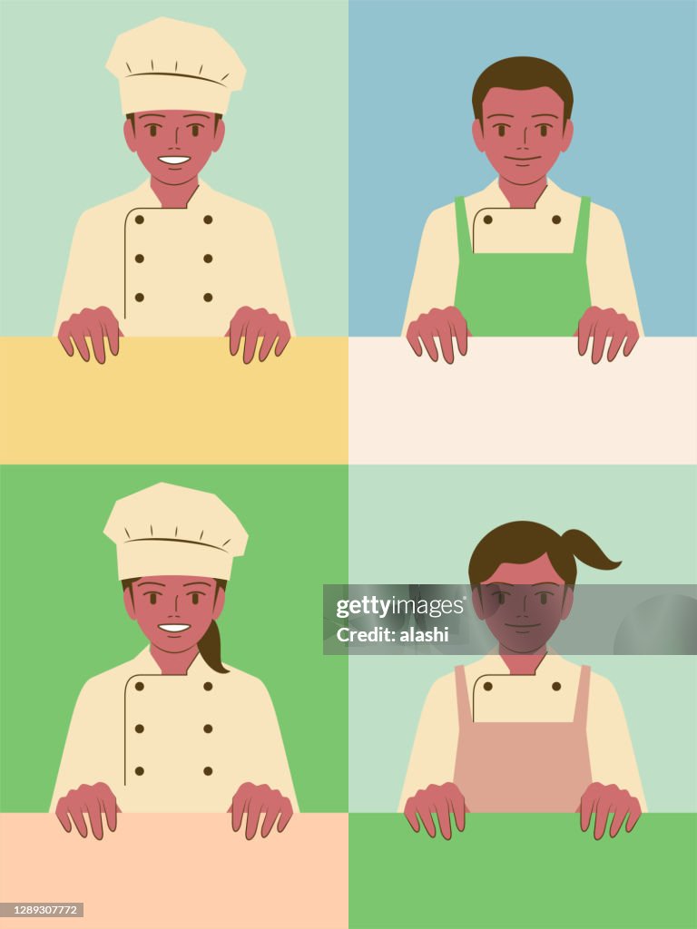 Smiling beautiful children chef (boys and girls) holding a blank sign