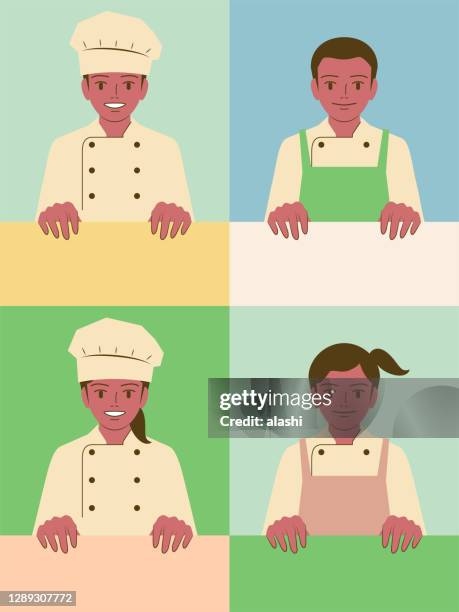 smiling beautiful children chef (boys and girls) holding a blank sign - bread baking paper stock illustrations