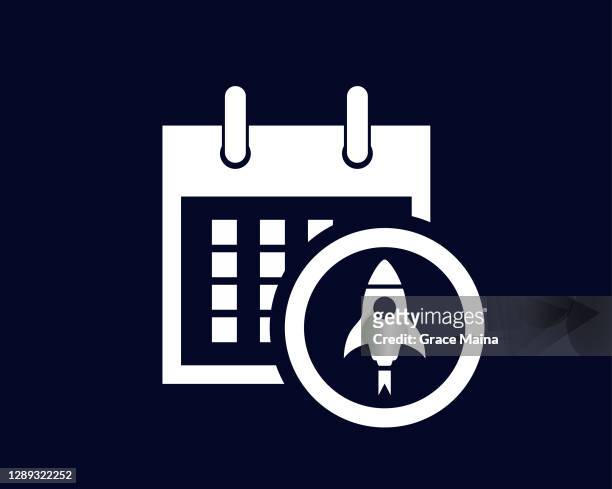 kalender mit tagen des monats mit einem raketenstartsymbol im kreis - launchparty stock-grafiken, -clipart, -cartoons und -symbole