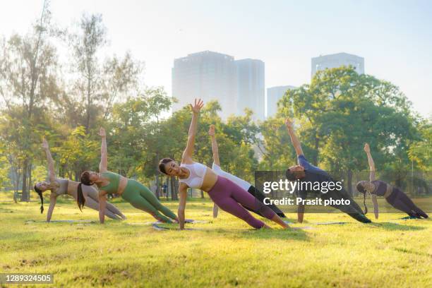 group of six people mixed age people making yoga pose call side plank pose in public park in city for fitness, sport, yoga and healthy lifestyle concept - outside fitness class stock-fotos und bilder