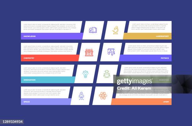 infographic design template. knowledge, chemistry, innovation, space, laboratory, physics, robotics, atom icons with 8 options or steps. - robotics lab stock illustrations