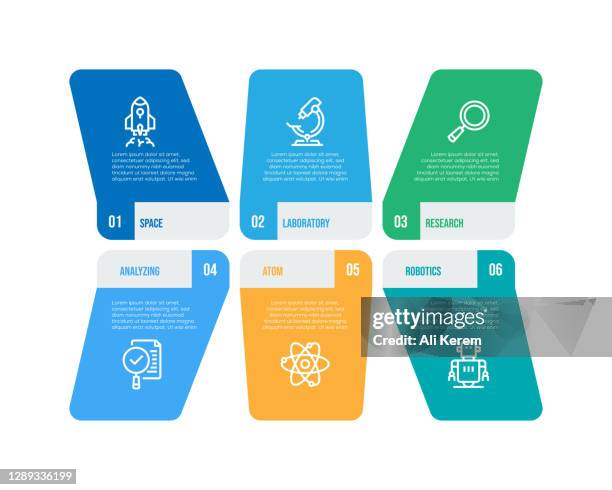infographic design template. space, analyzing, laboratory, atom, research, robotics icons with 6 options or steps. - robotics lab stock illustrations