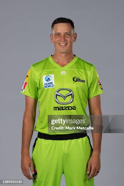 Chris Tremain poses during the Sydney Thunder Big Bash League 2020/21 headshots session at Sydney Olympic Park Sports Centre on December 04, 2020 in...