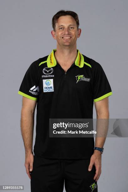 Shane Bond poses during the Sydney Thunder Big Bash League 2020/21 headshots session at Sydney Olympic Park Sports Centre on December 04, 2020 in...