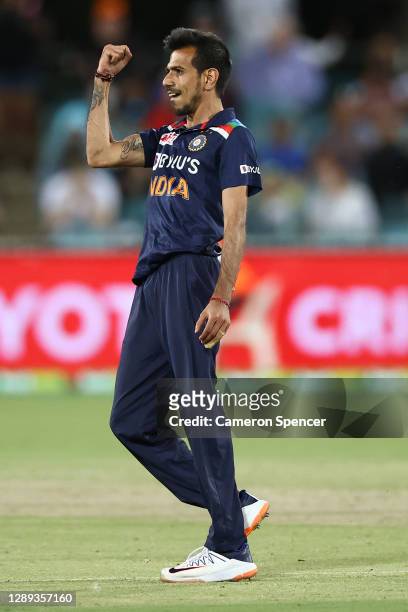 Yuzvendra Chahal of India celebrates after taking the wicket of Aaron Finch of Australia during game one of the Twenty20 International series between...