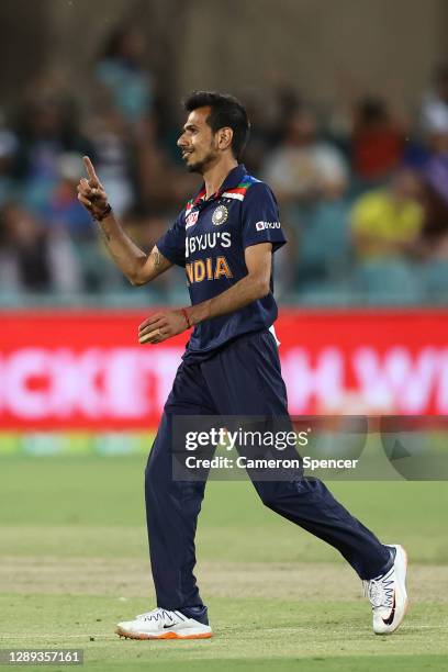 Yuzvendra Chahal of India celebrates after taking the wicket of Aaron Finch of Australia during game one of the Twenty20 International series between...