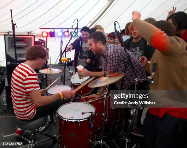 Fans on stage as Indie guitar band Male Bonding performing at Offset Festival in 2009