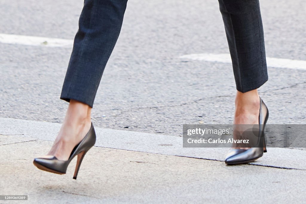 Queen Letizia Of Spain Arrives To A Meeting With 'FundeuRAE'