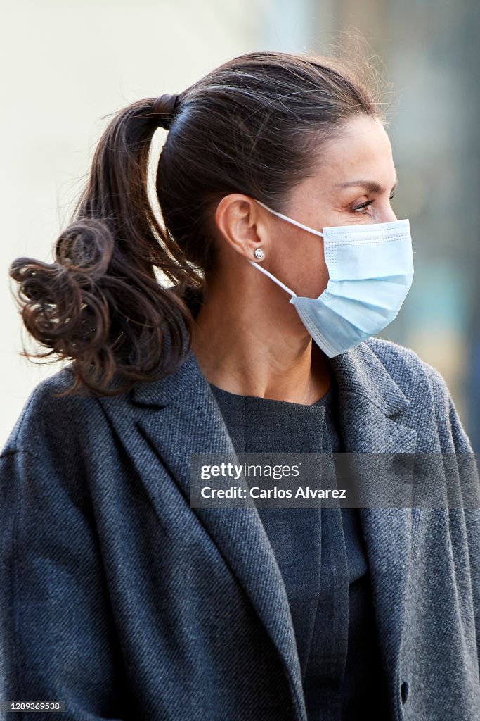 Queen Letizia Of Spain Arrives To A Meeting With 'FundeuRAE'