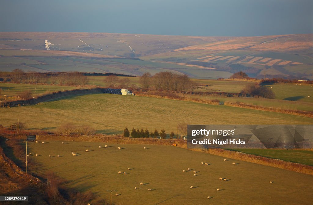 Hilly farmland during early winter; in Exmoor National Park, Devon, Great Britain.