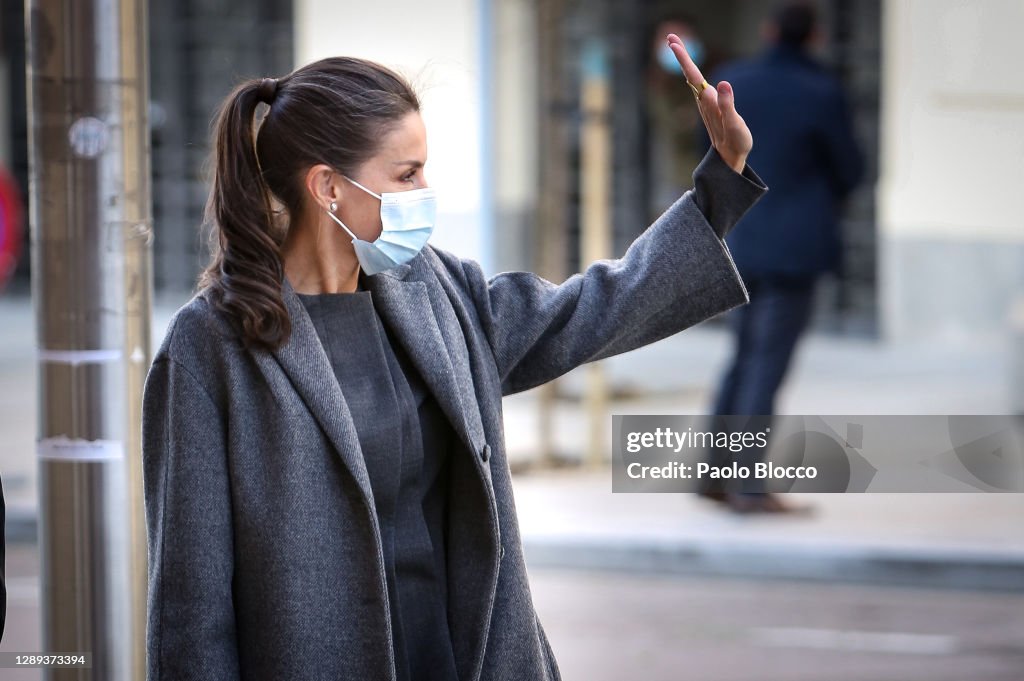 Queen Letizia Of Spain Arrives To A Meeting With 'FundeuRAE'