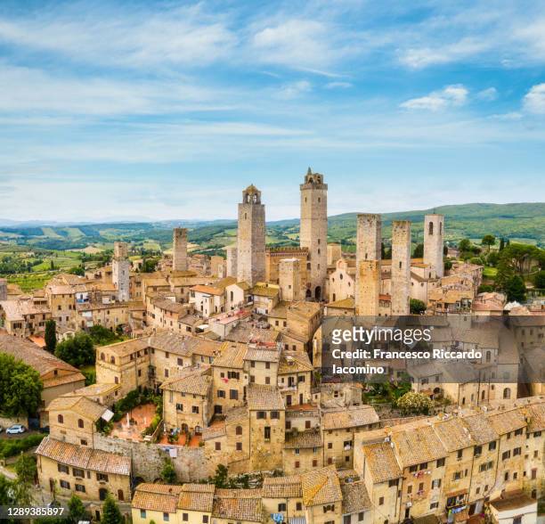 san gimignano from above, aerial view from town to country. tuscany, italy - san gimignano stock pictures, royalty-free photos & images
