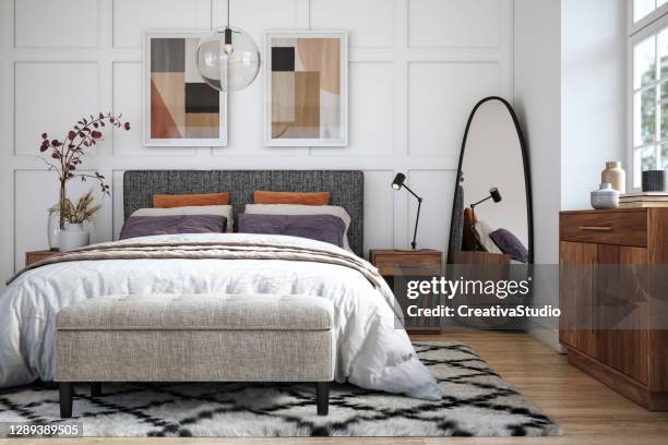 scandinavisch slaapkamerinterieur - stockfoto - slaapkamer stockfoto's en -beelden