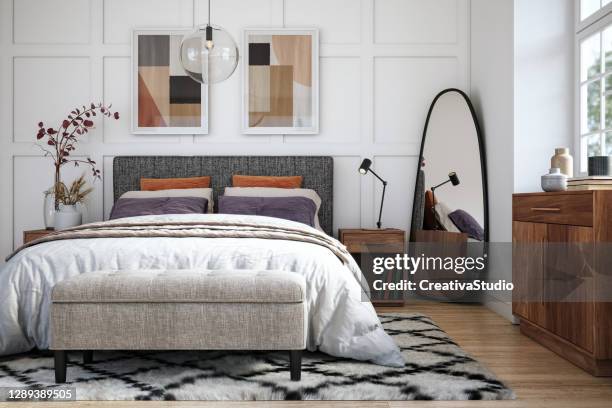 interior do quarto escandinavo - foto de estoque - quarto de dormir - fotografias e filmes do acervo