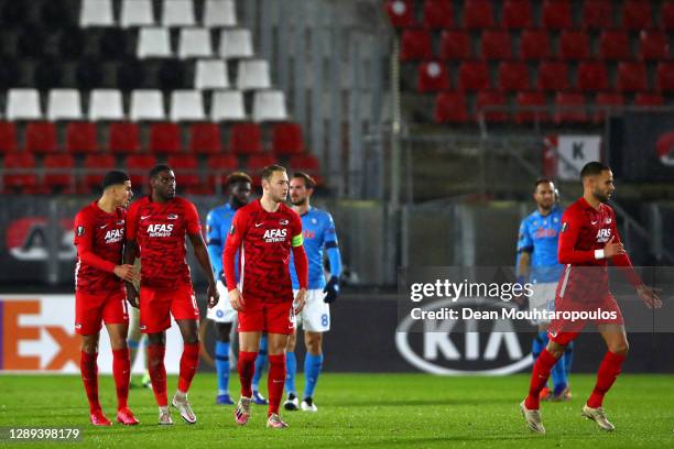 Bruno Martins Indi of AZ Alkmaar celebrates scoring his teams first goal of the game with team mates during the UEFA Europa League Group F stage...