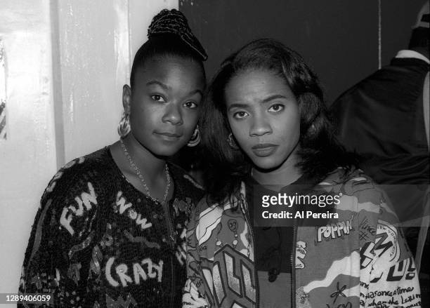 Rappers Roxanne Shante and MC Lyte appear backstage at the "Sisters In The Name Of Rap" concert and television special at The Ritz on October 8, 1991...