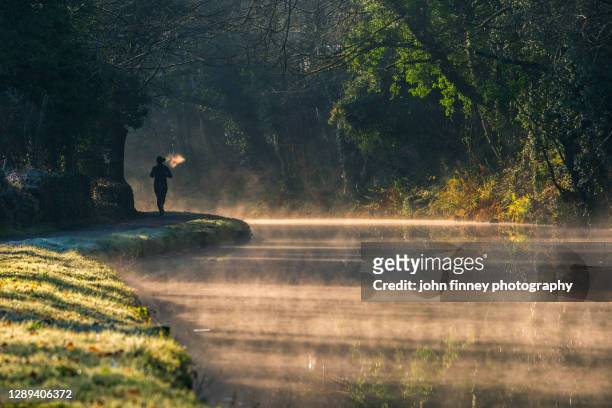 peak forest canal sunrise. derbyshire, peak district. uk. - autumn frost stock pictures, royalty-free photos & images