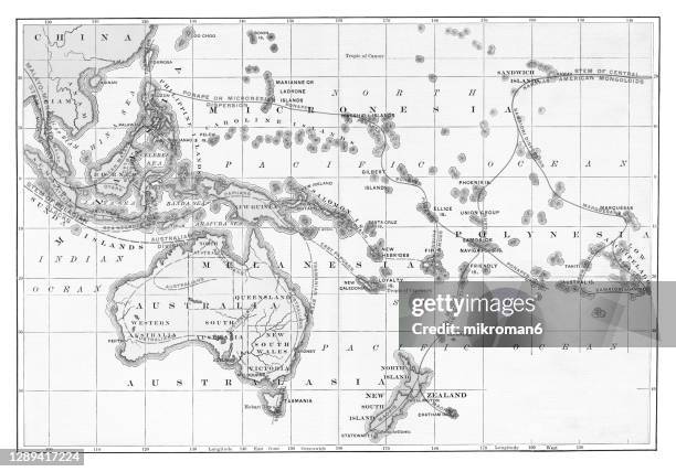 old map of race chart showing the geographical distribution of the brown polynesians and pelagian blacks - pacific islands stock pictures, royalty-free photos & images