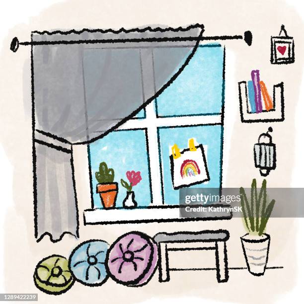 covid interior room lockdown scene - window curtain stock illustrations
