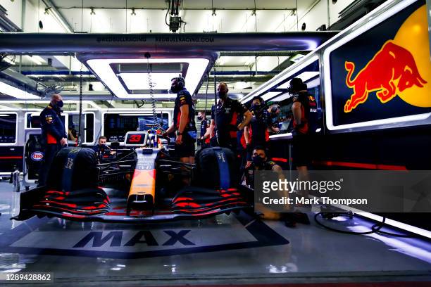 Max Verstappen of Netherlands and Red Bull Racing prepares to drive in the garage during practice ahead of the F1 Grand Prix of Sakhir at Bahrain...