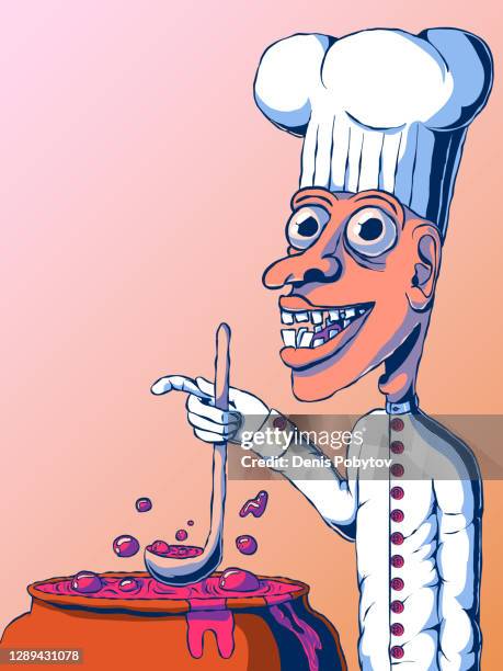 hand-drawn cartoon funny illustration - chef making soup. - man preparing dinner stock illustrations