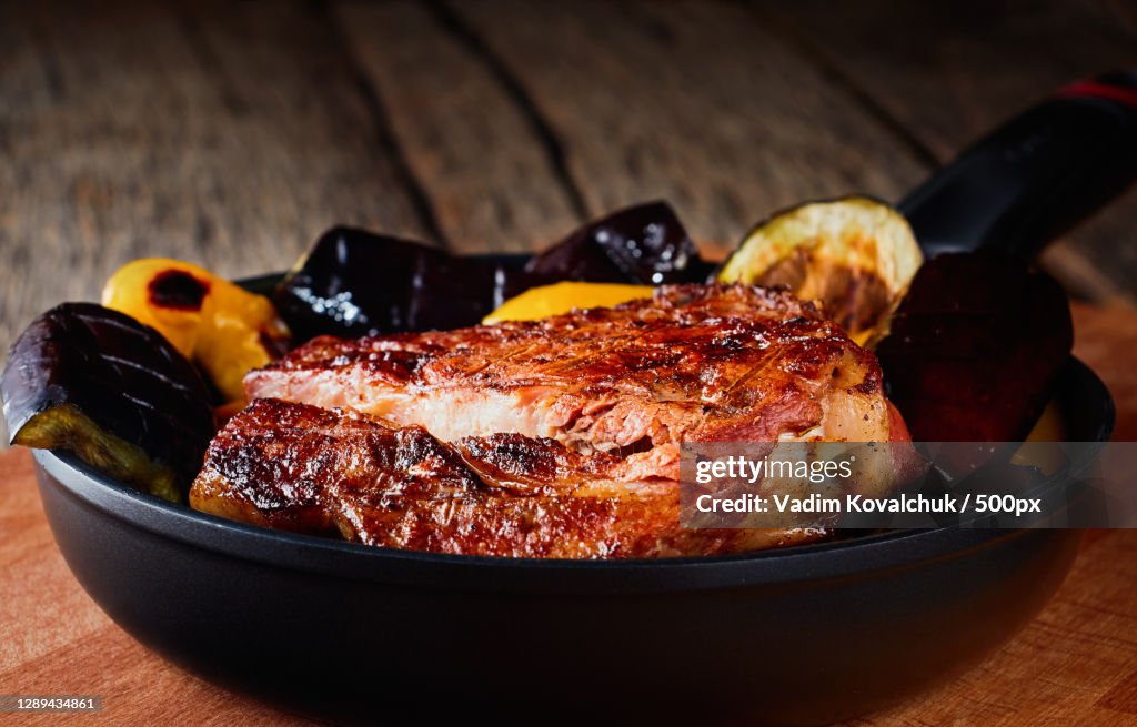 Close-up of meat in bowl on table