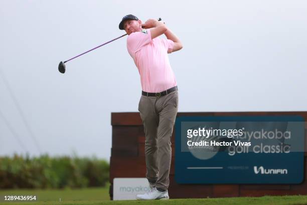 Vaughn Taylor of the United States plays his shot from the 16th tee during the second round of the Mayakoba Golf Classic at El Camaleón Golf Club on...
