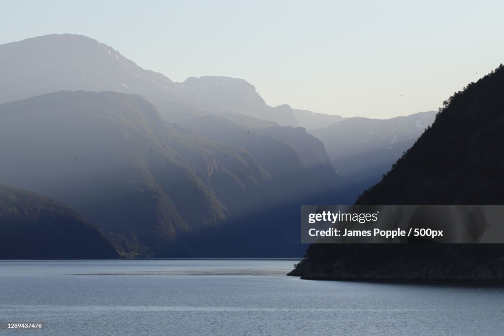 Scenic view of sea and mountains against clear sky,Fv,Norway