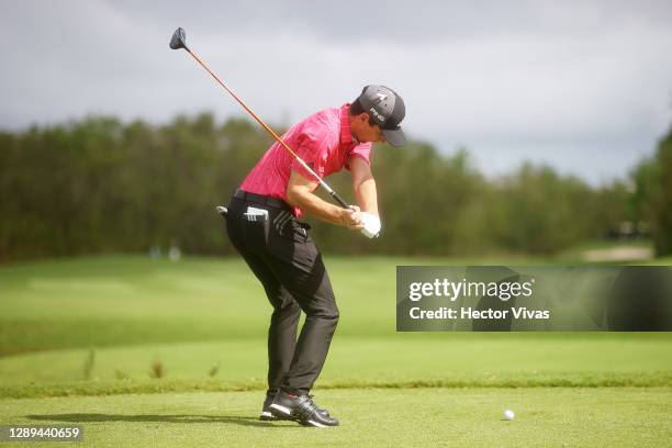Joaquin Niemann of Chile plays his shot from the second tee during the second round of the Mayakoba Golf Classic at El Camaleón Golf Club on December...
