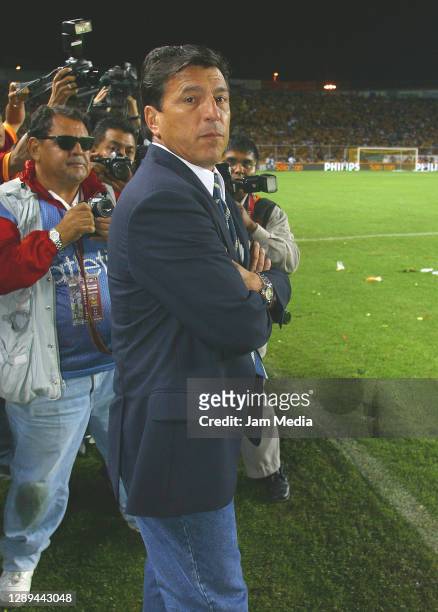 Daniel Passarella, coach of Monterrey looks on during the final match Morelia against Monterrey of the Apertura Tournament 2003 at Morelos Stadium on...