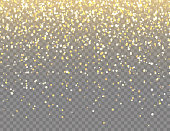Sparkling Golden Glitter with Bokeh Lights on Transparent Vector Background. Falling Shiny Confetti with Gold Shards. Shining Light Effect for Christmas or New Year Greeting Card