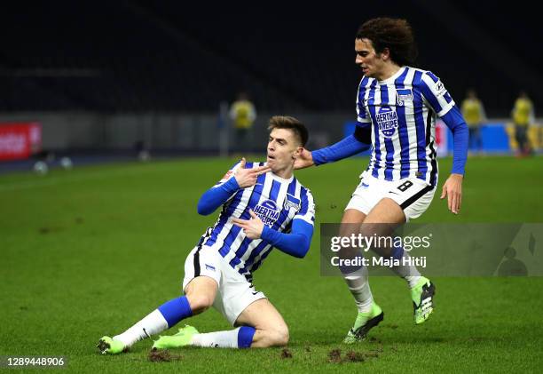 Krzysztof Piatek of Hertha celebrates his team's second goal with teammate Matteo Guendouzi during the Bundesliga match between Hertha BSC and 1. FC...