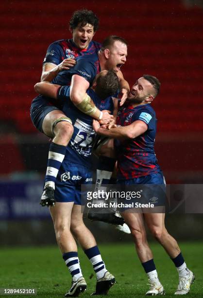 Sam Bedlow of Bristol Bears celebrates after scoring a last minute kick to win the game with team mates Piers O’Conor of Bristol Bears and Joe Joyce...