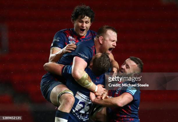 Sam Bedlow of Bristol Bears celebrates after scoring a last minute kick to win the game with team mates Piers O’Conor of Bristol Bears and Joe Joyce...
