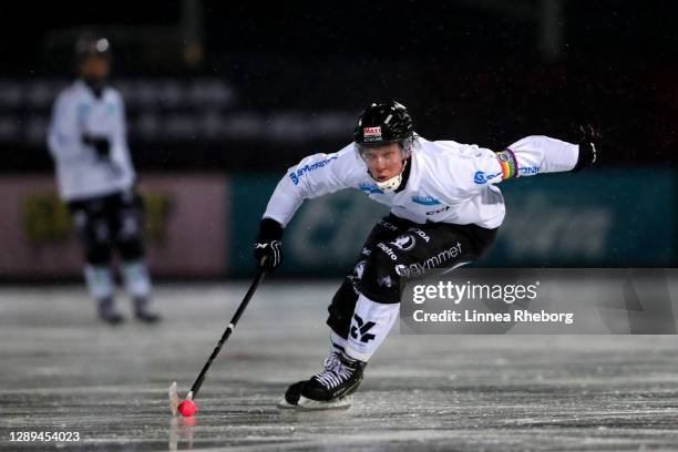 Daniel Berlin of Sandvikens AIK in action during the Elitserien bandy match between Hammarby IF and Sandvikens AIK at Zinkensdamms IP on December 04,...