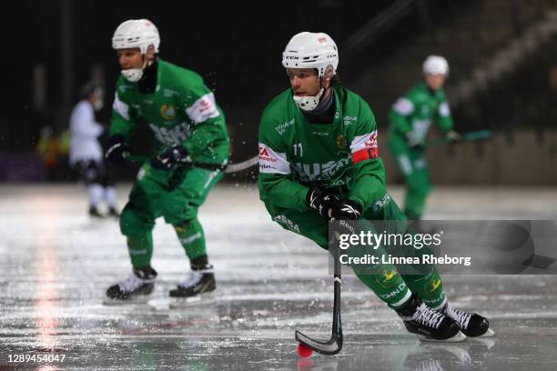 David Pizzoni of Hammarby IF controls the ball during the Elitserien bandy match between Hammarby IF and Sandvikens AIK at Zinkensdamms IP on...