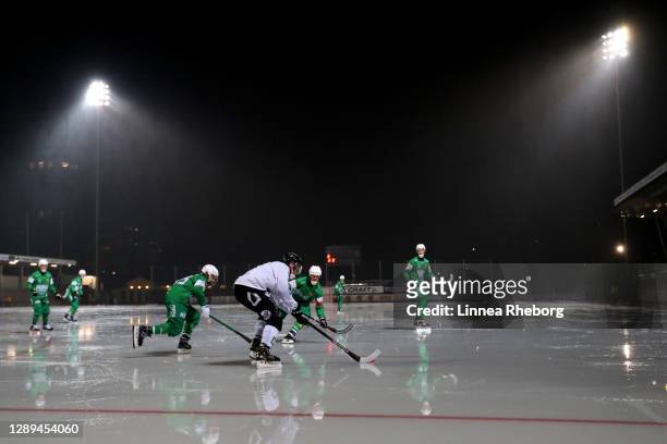 General view of play during the Elitserien bandy match between Hammarby IF and Sandvikens AIK at Zinkensdamms IP on December 04, 2020 in Stockholm,...