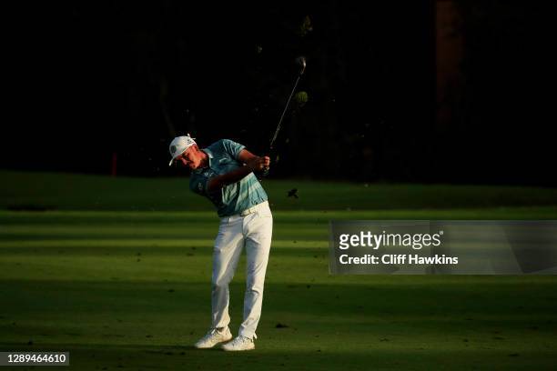 Rickie Fowler of the United States plays his second shot on the 17th hole during the second round of the Mayakoba Golf Classic at El Camaleón Golf...