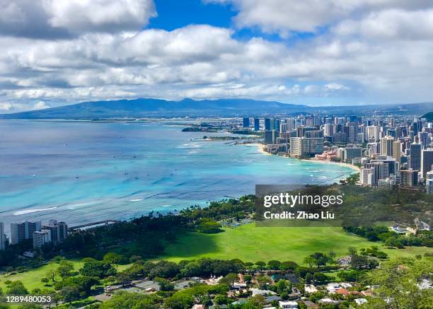 the panorama of waikiki beach, hawaii - honolulu culture stock pictures, royalty-free photos & images